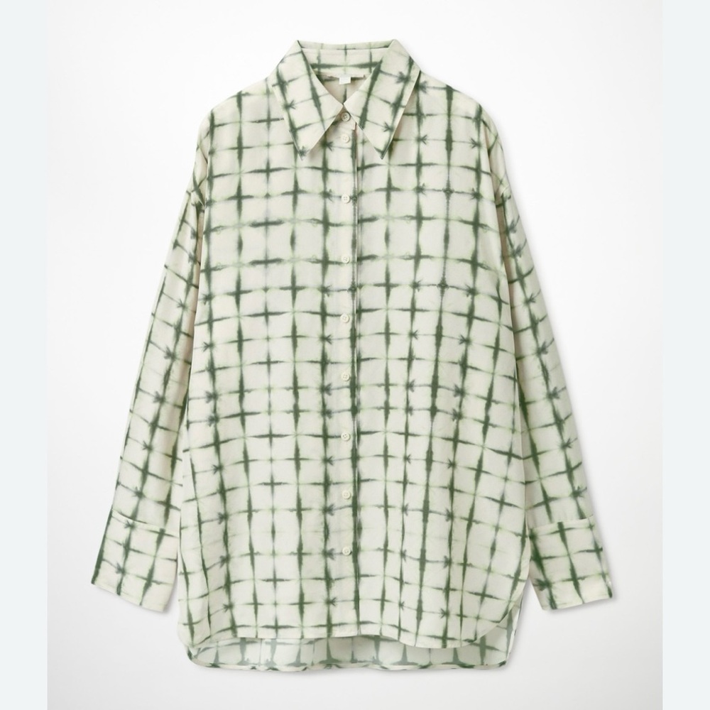 COS • 100% Silk Print Blouse **SEE MEASUREMENTS** Off-White Green Oversized - Picture 4 of 15